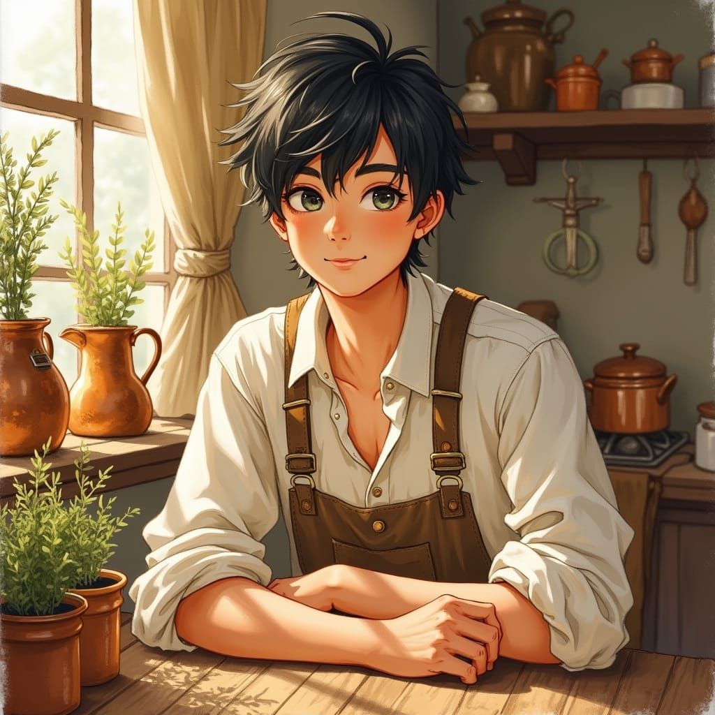 Whimsical Gentle Man in Cozy Earthy Kitchen
