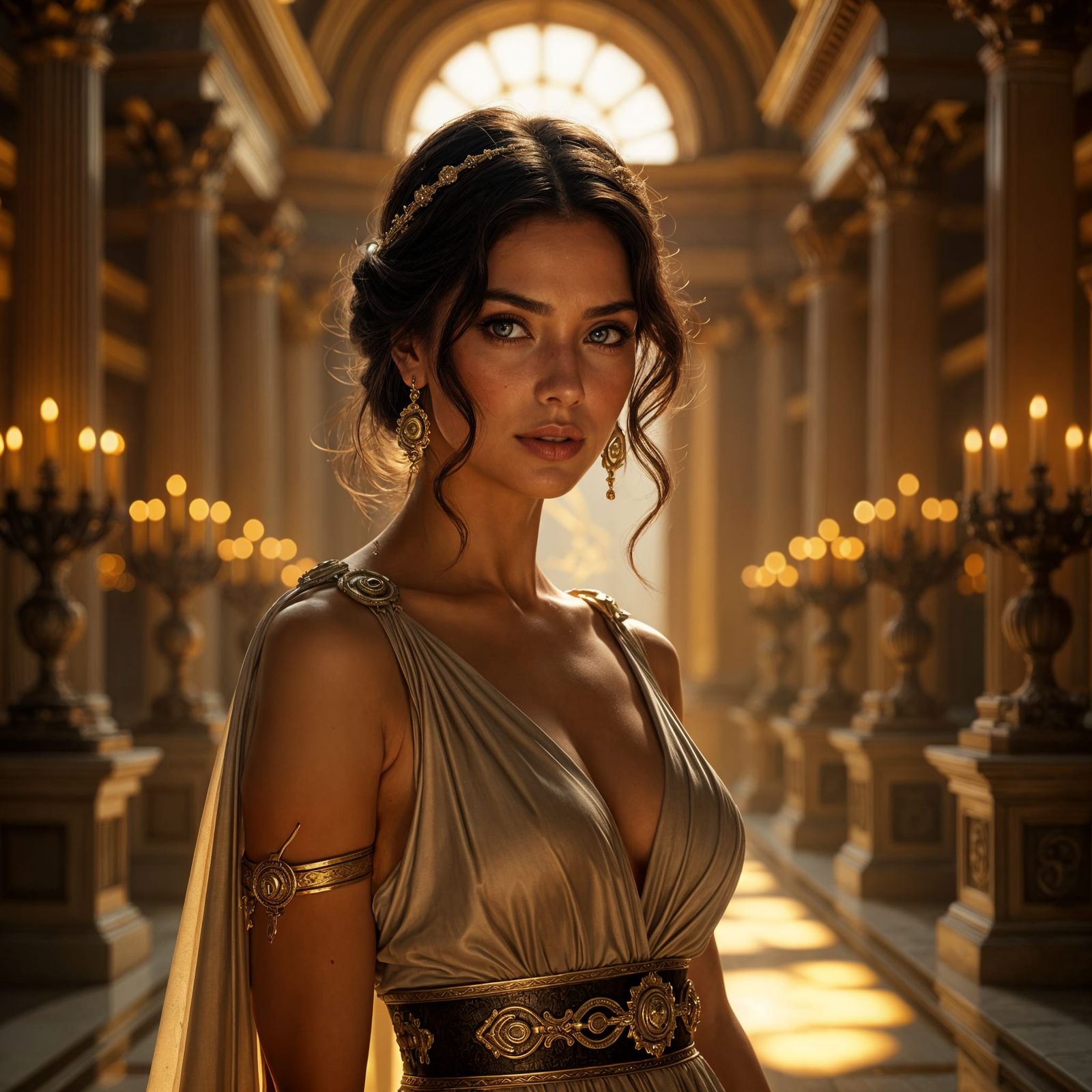 Roman Woman in Candlelit Temple, 8K Concept Art