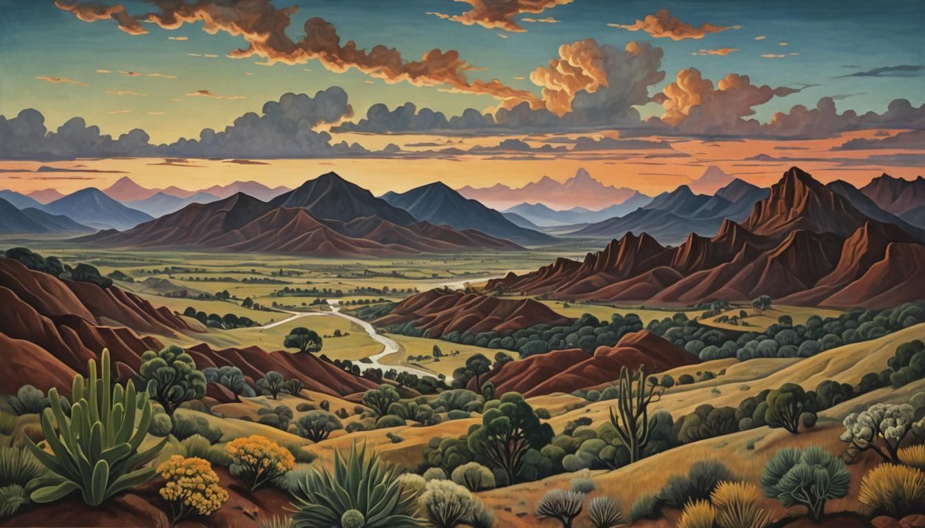 Naïve Art Landscape with Mountains and Sunset