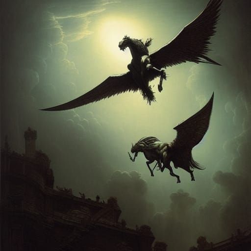 Pegasus and Basilisk in Dramatic Fantasy Illustration