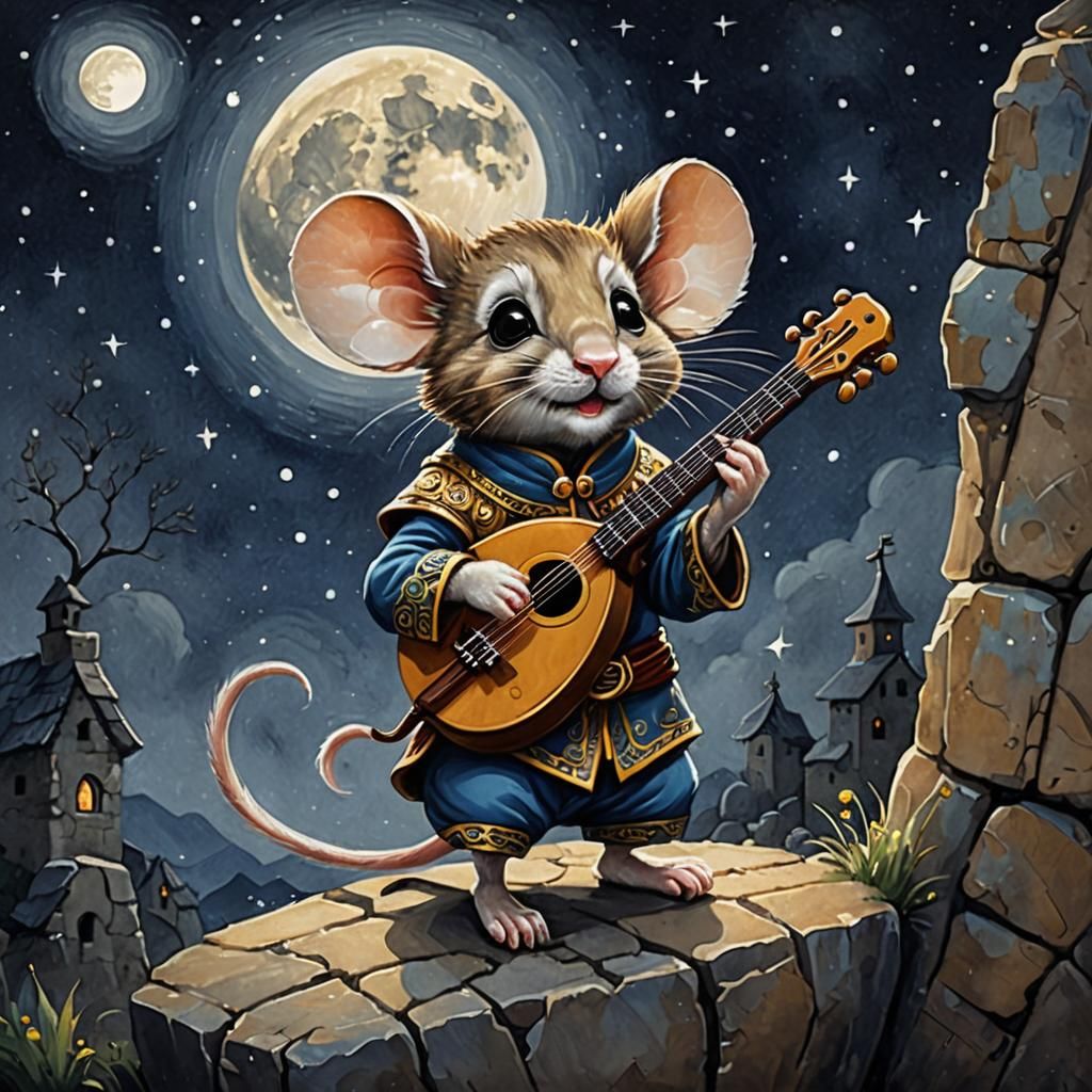 Chibi Mouse Minstrel Serenade Under Moonlight