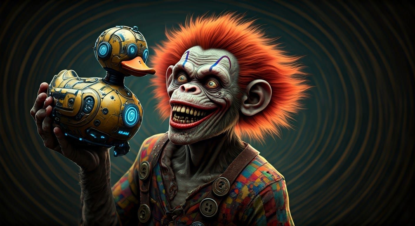 Mesmerizing Clown Genius Holds Twisted Robotic Duck Masterpi...