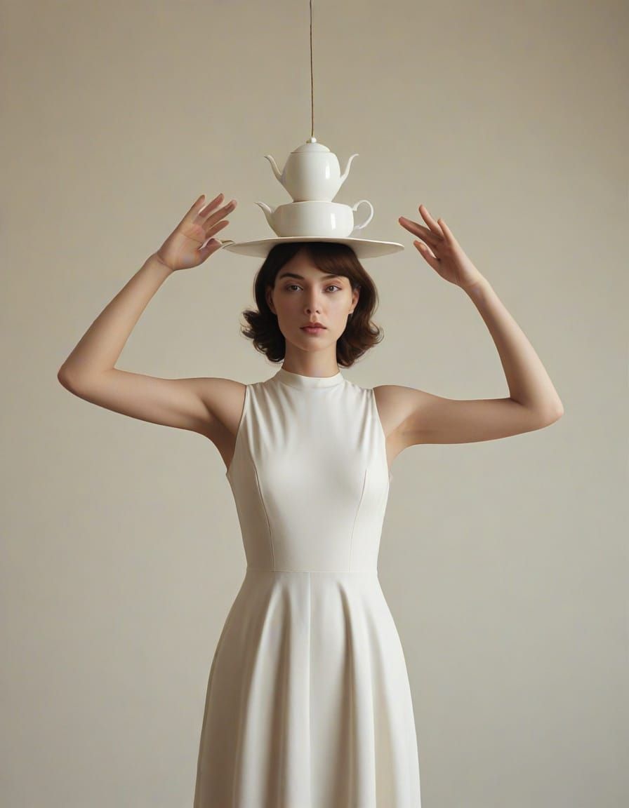 Surreal Portrait of Woman With Levitating Tea Set Hat