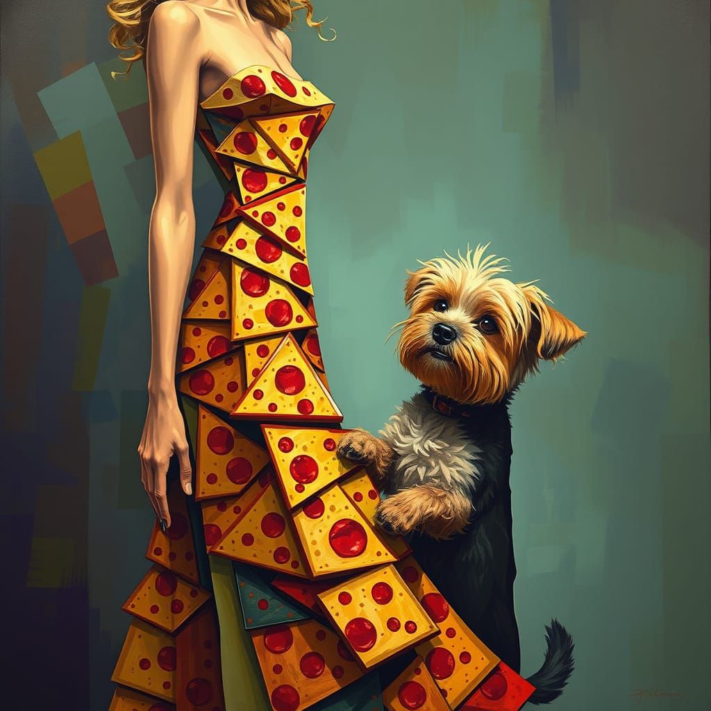 Woman's Pizza Dress in Cubist Surreal Impressionism