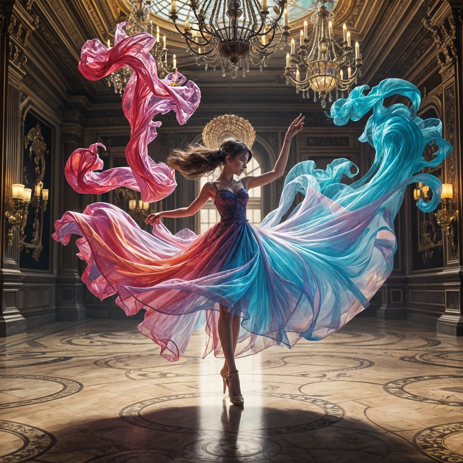 Smoke Dress Anime Girl Dancing in Ballroom