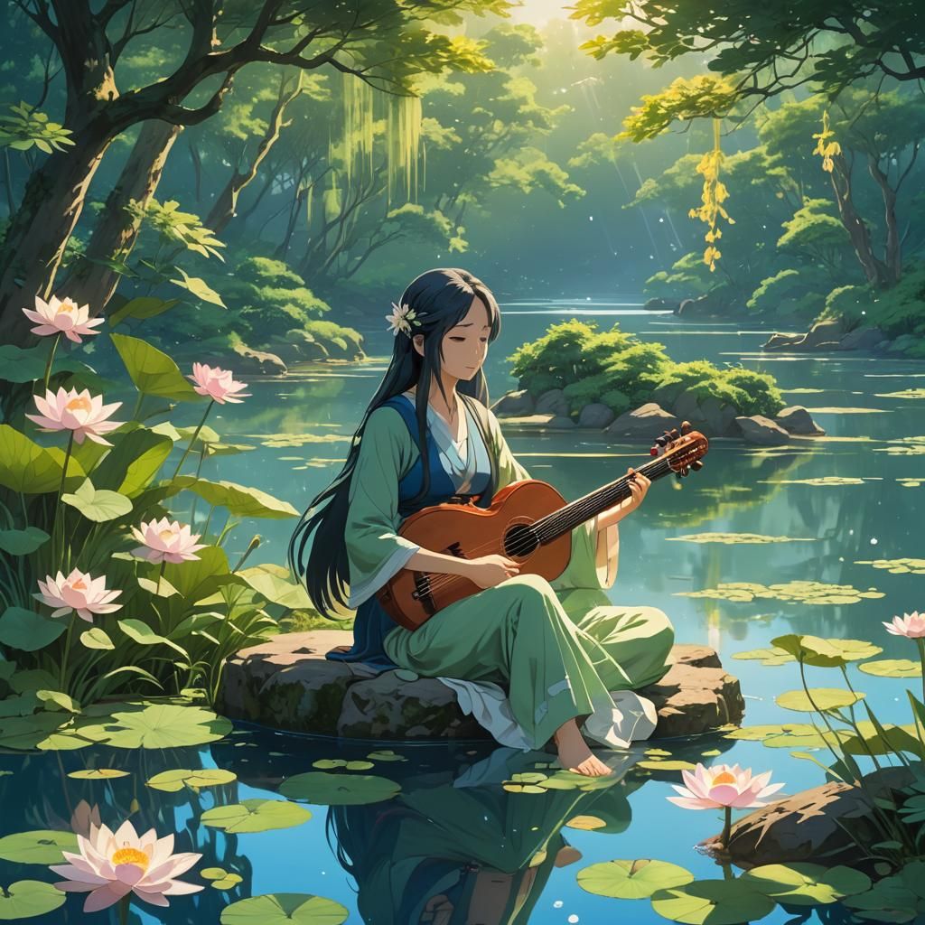 Anime Goddess Saraswati at Lakeside in Surreal Style