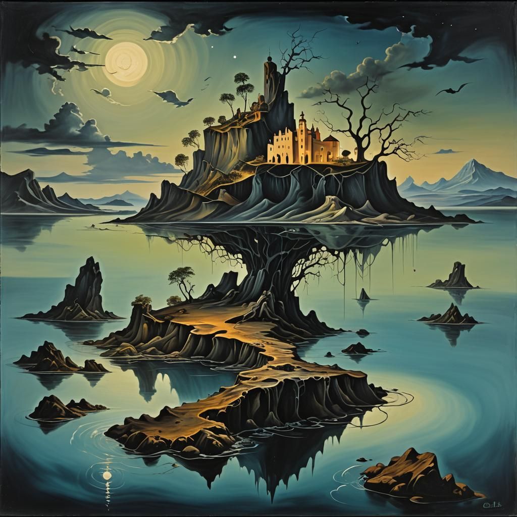 Surreal Haunted Island at Night, Dali Style