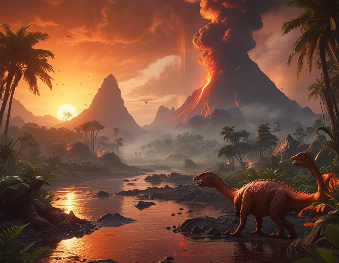 Prehistoric Dinosaur Landscape with Volcanic Eruption