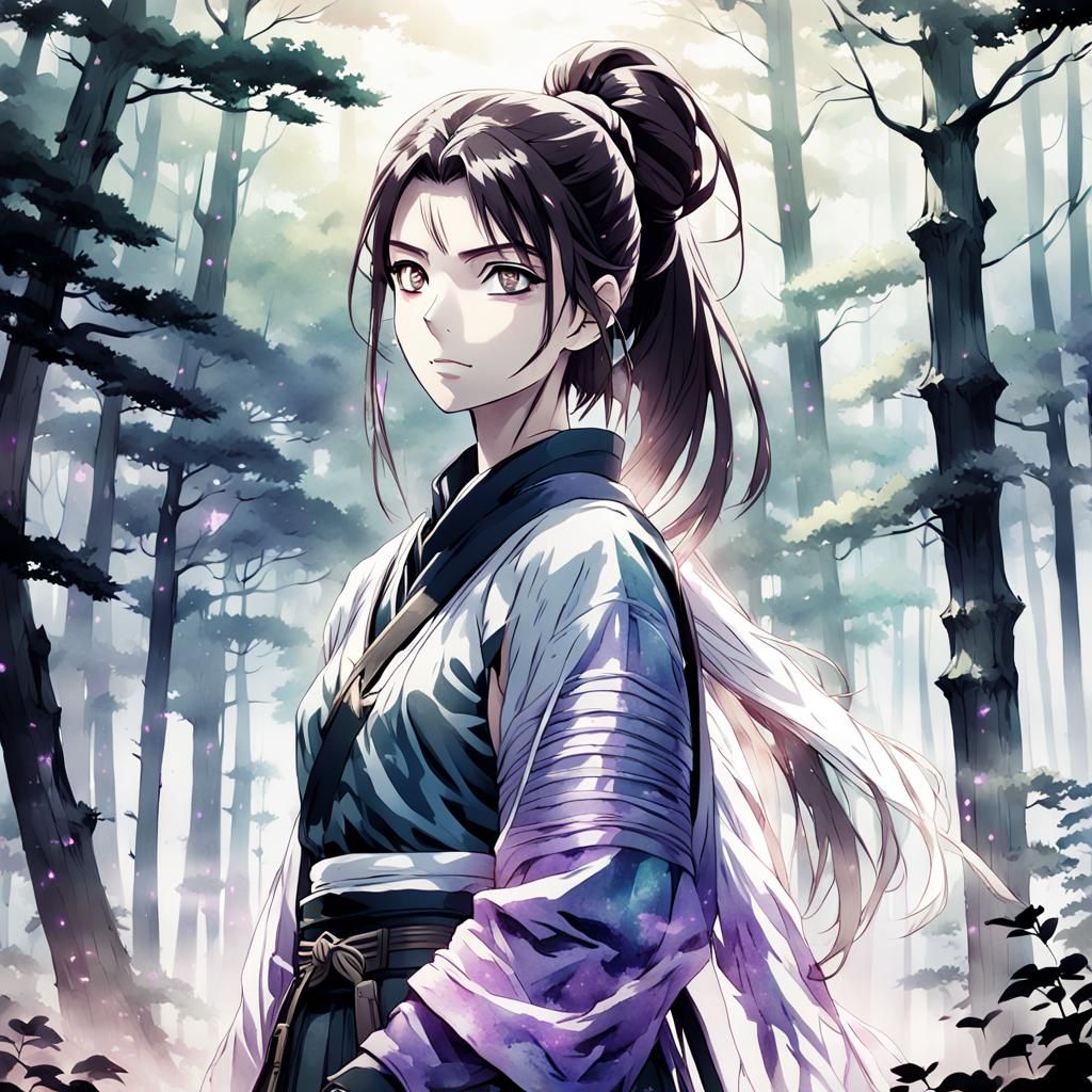 Female Shinobi in Misty Forest: Anime Key Visual