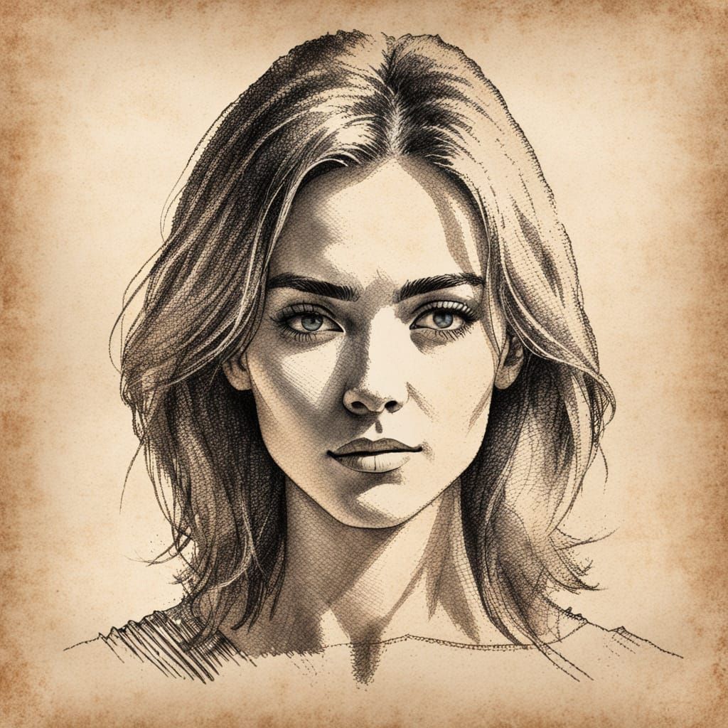 Retro-Style Portrait of a Young Woman in Crosshatching Techn...
