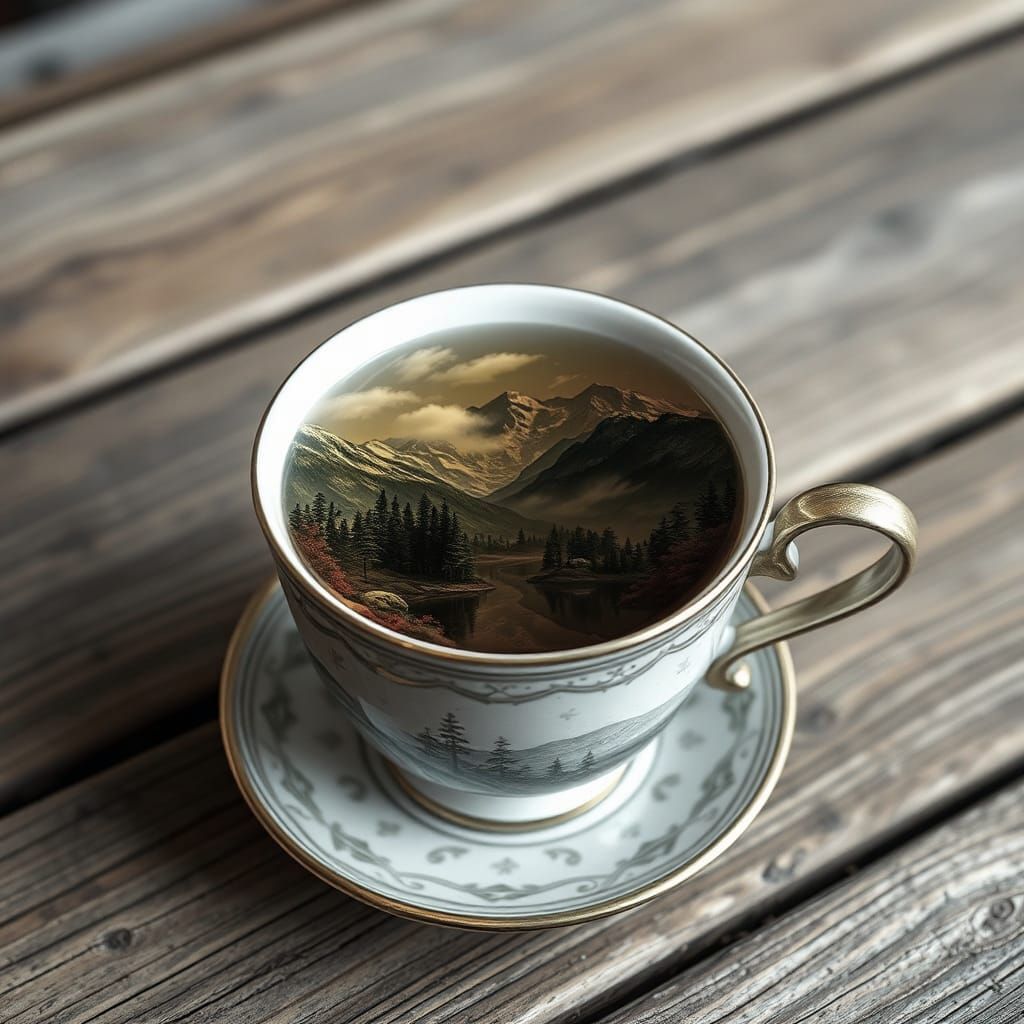 Mountain Scene in Tea Cup: Detailed Matte Painting