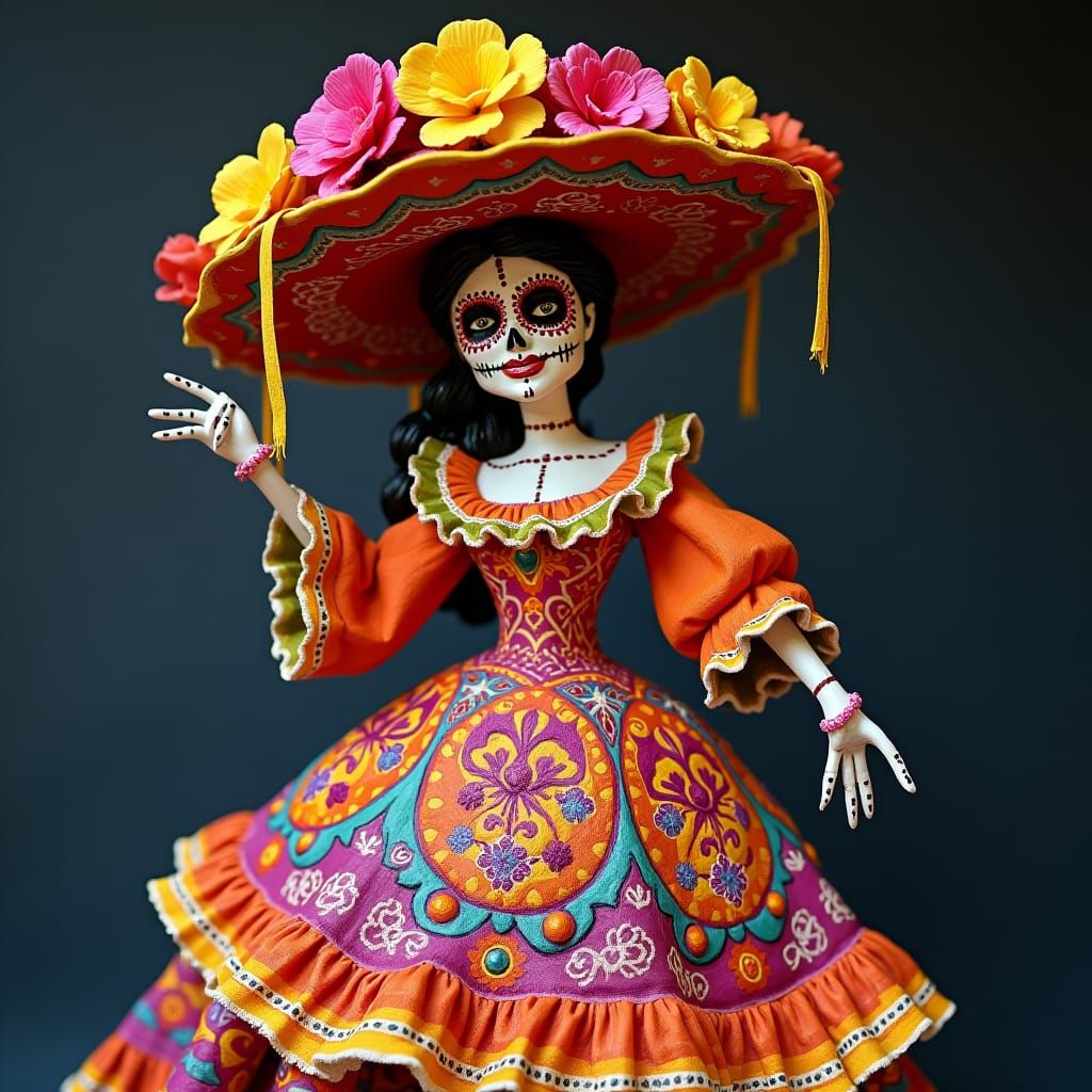 Ornate La Catrina Ceramic Figure in Folk Art Style