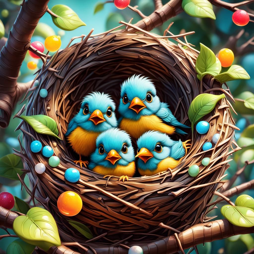 Whimsical Baby Birds in Candy Art Style