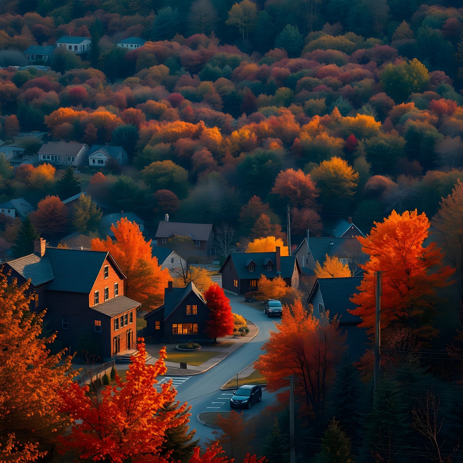 New England Town Transitions to Autumn: Hyperrealistic Conce...