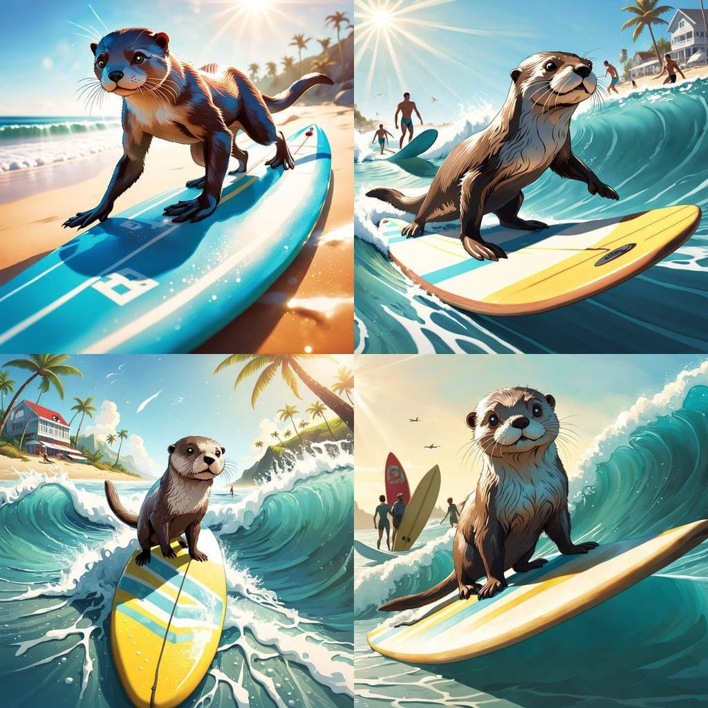 Surreal Beach Scene with Surfer Otter on Sunny Day