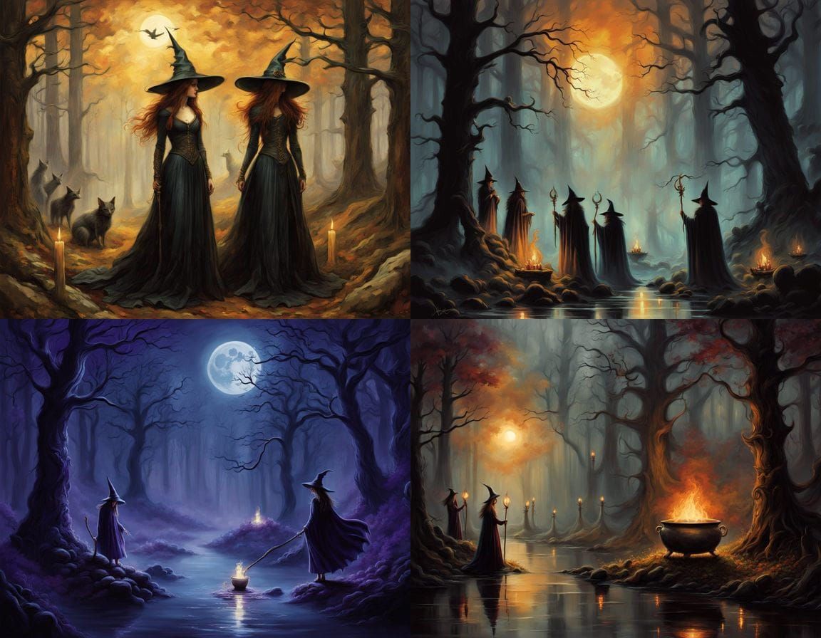 Whimsical Gothic Coven Unveiled in Crepuscular Oil Painting