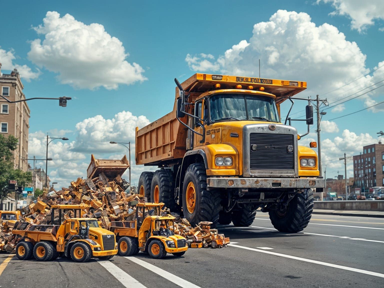 A Massive Dump Truck Unloads a Heap of Miniature Toy Trucks ...
