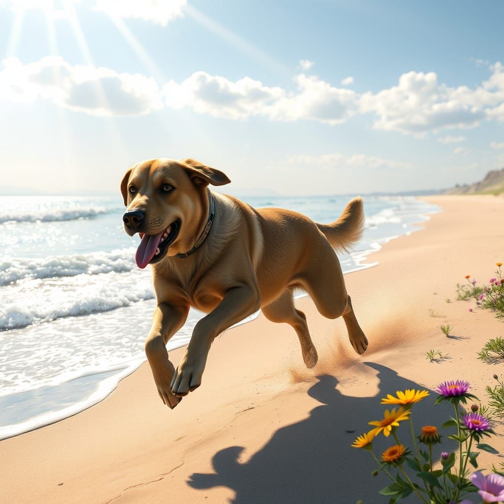 Labrador Retriever Luna Moth Hybrid Runs on Beach