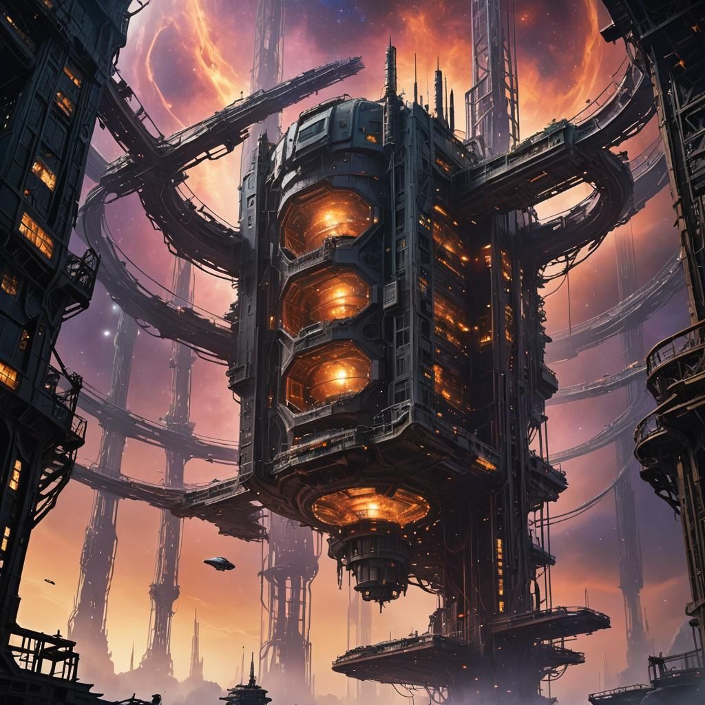 Nebula Space Station in Biomechanical Surrealist Style