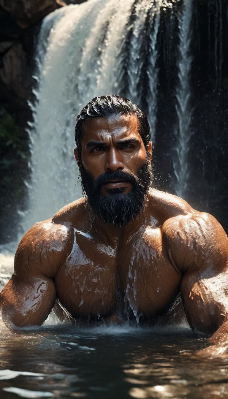Muscular Man Portrait Taking Bath Under Waterfall