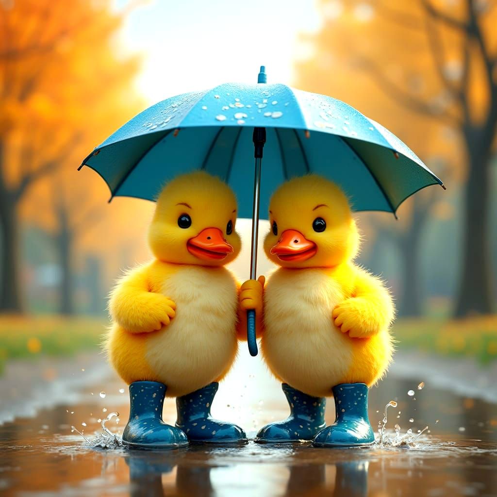 Surreal Duckling Umbrella Scene in Vivid Colors