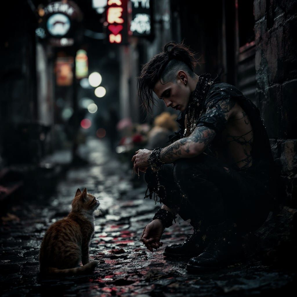 Goth Punk Man Feeds Stray Cat in Dark City
