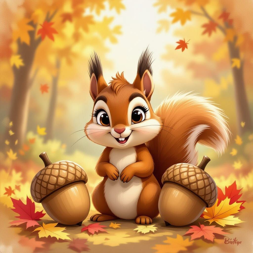 Cute Cartoon Squirrel in Autumn Watercolor Style