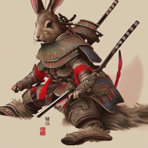 Samurai Rabbits in Japanese Armor with Cherry Blossoms