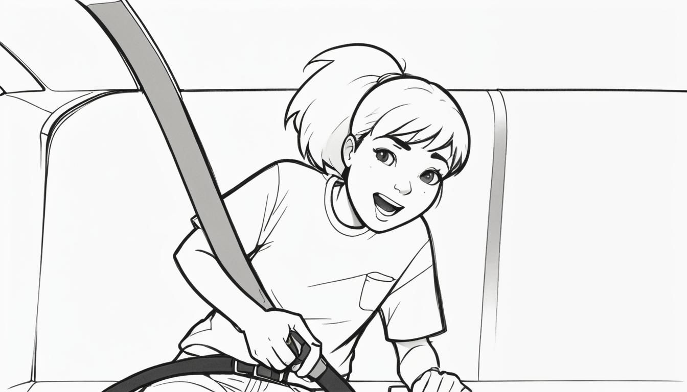 Girl Fastening Seatbelt: Realistic Black and White Illustrat...