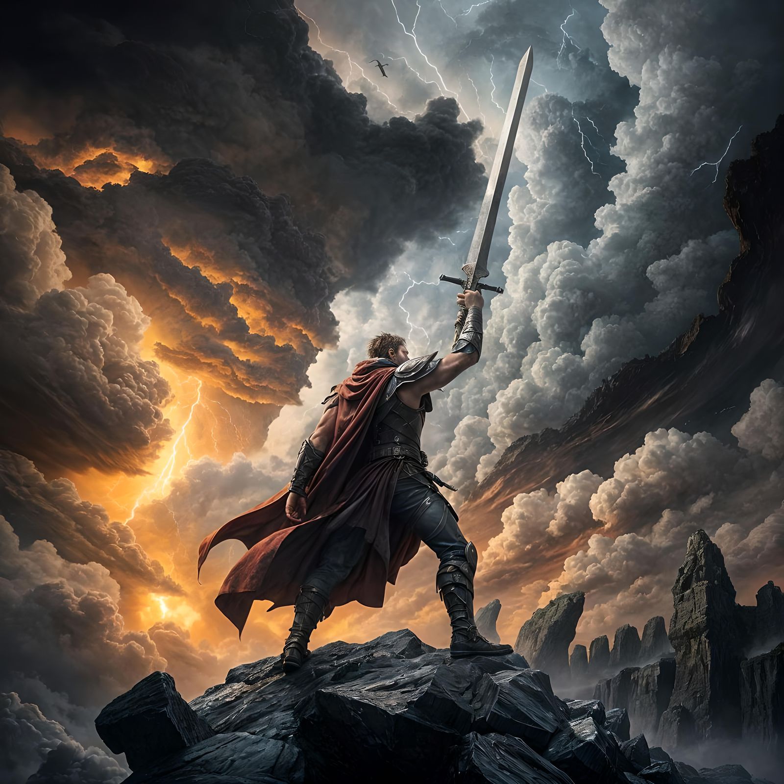 Hero with Sword Faces Stormy Sky