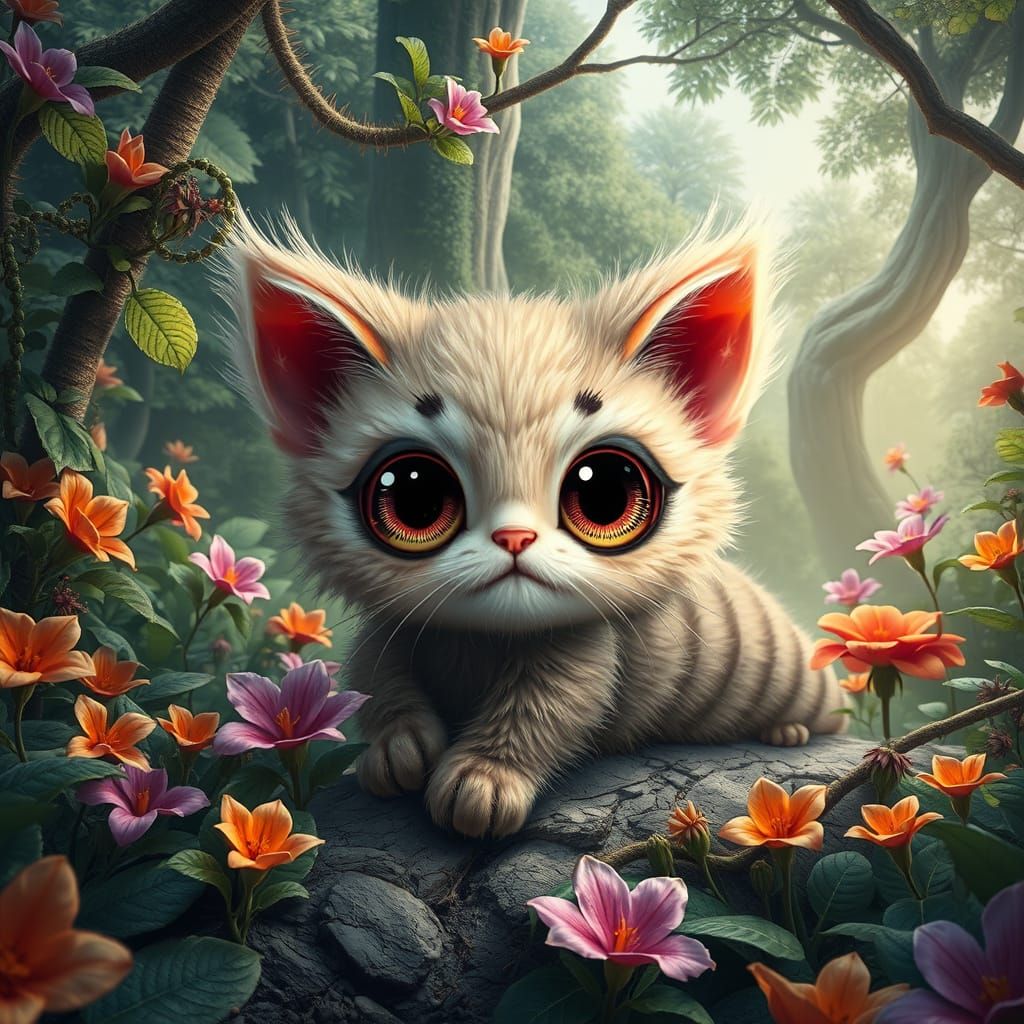 Surreal Fuzzy Cat Caterpillar in a Vibrant Botanical Garden