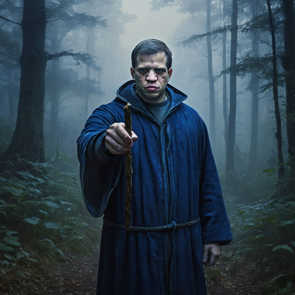 Medieval Wizard with Snake Wand in Misty Forest