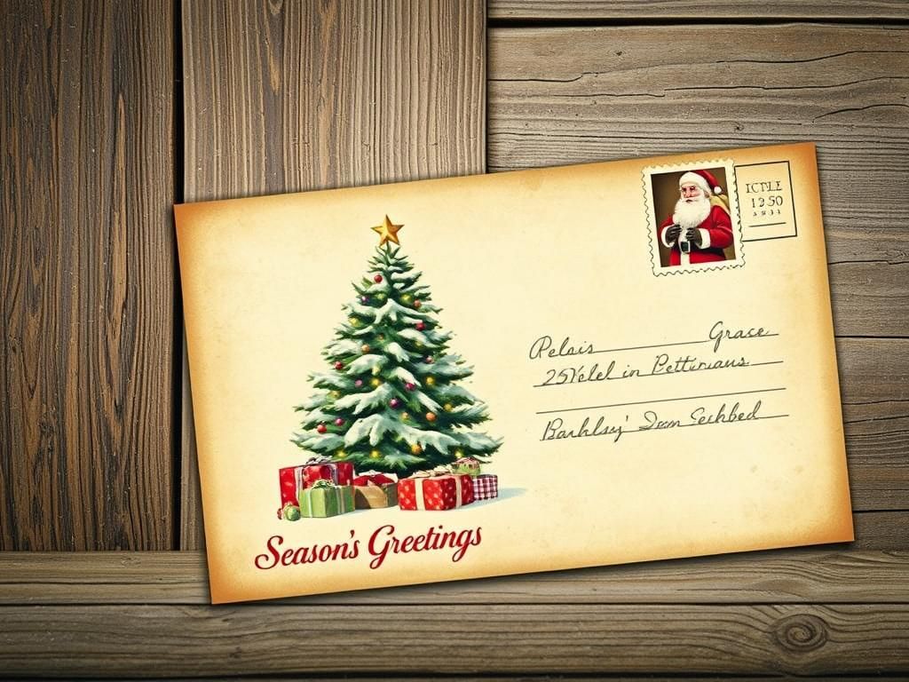 Vintage Christmas Postcard with Snow-Covered Tree