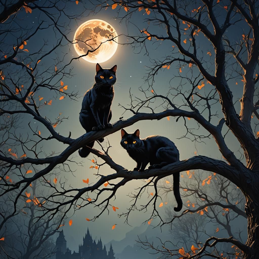 Black Cat Under Moonlight: Dark Fantasy Matte Painting