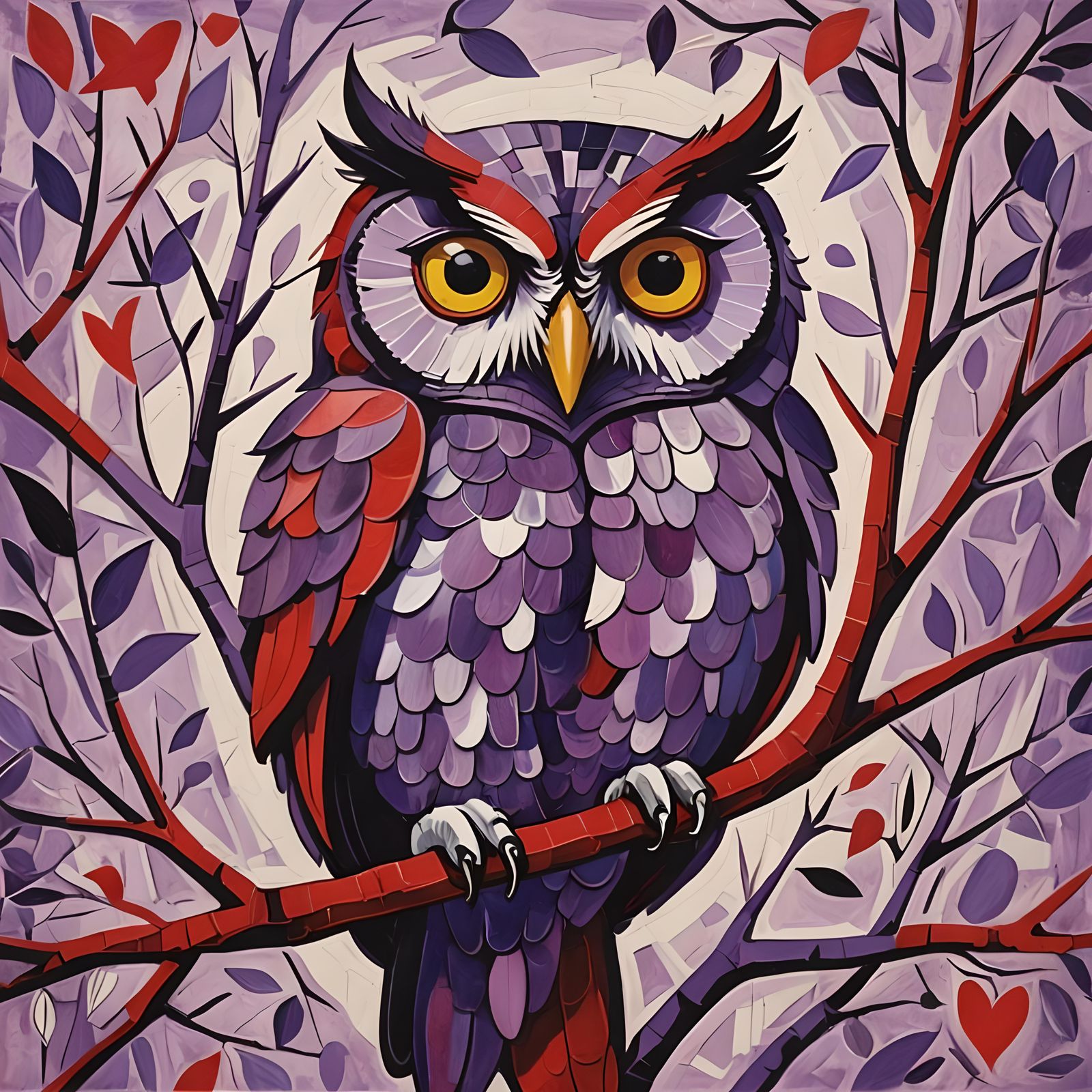 Colorful Owl in Tree, Cubist-Surrealist Style