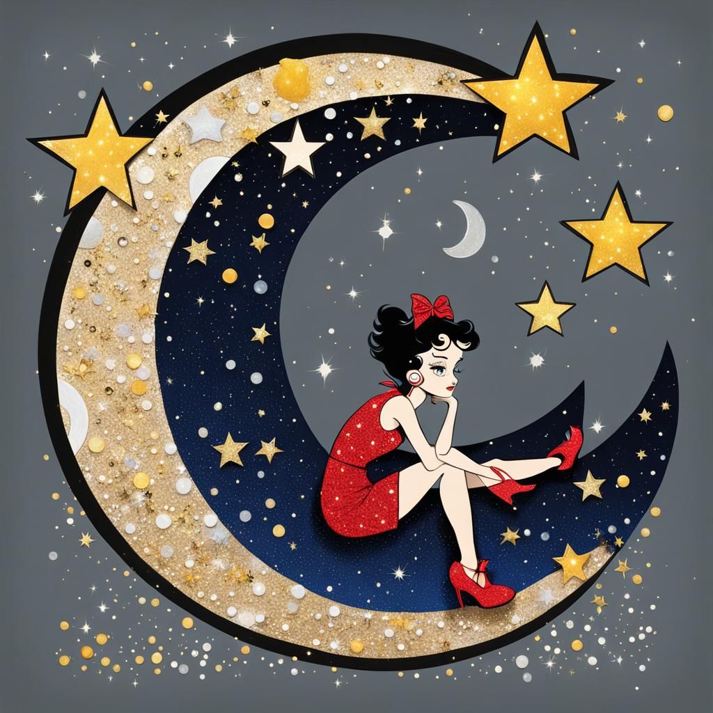 Betty Boop on Crescent Moon in Abstract Art