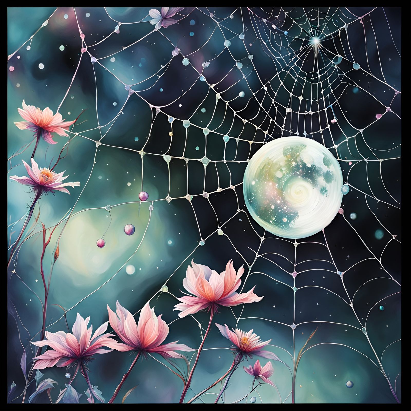 Cosmic Spiderweb with Dew Drops in Art Brut Style