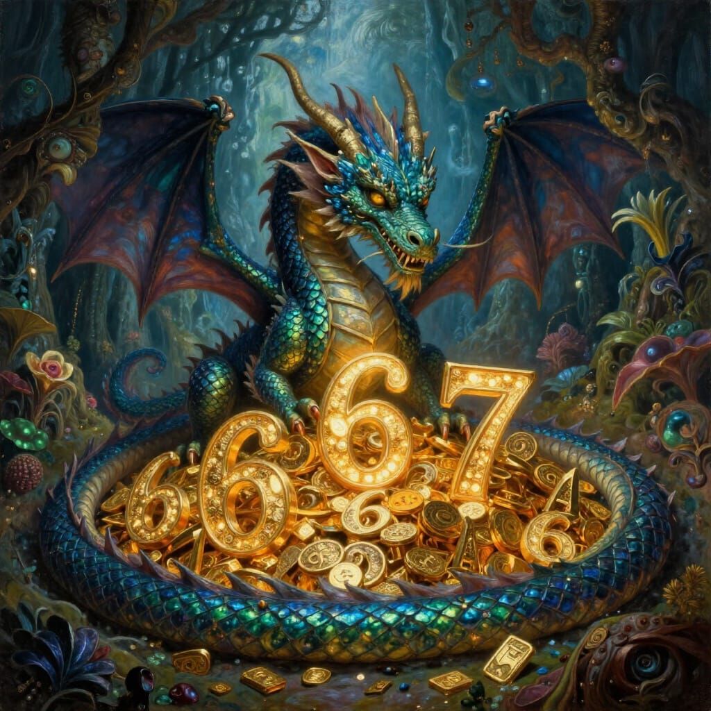 Dragon Hoards Glowing Numbers in Hyperrealistic Oil Painting
