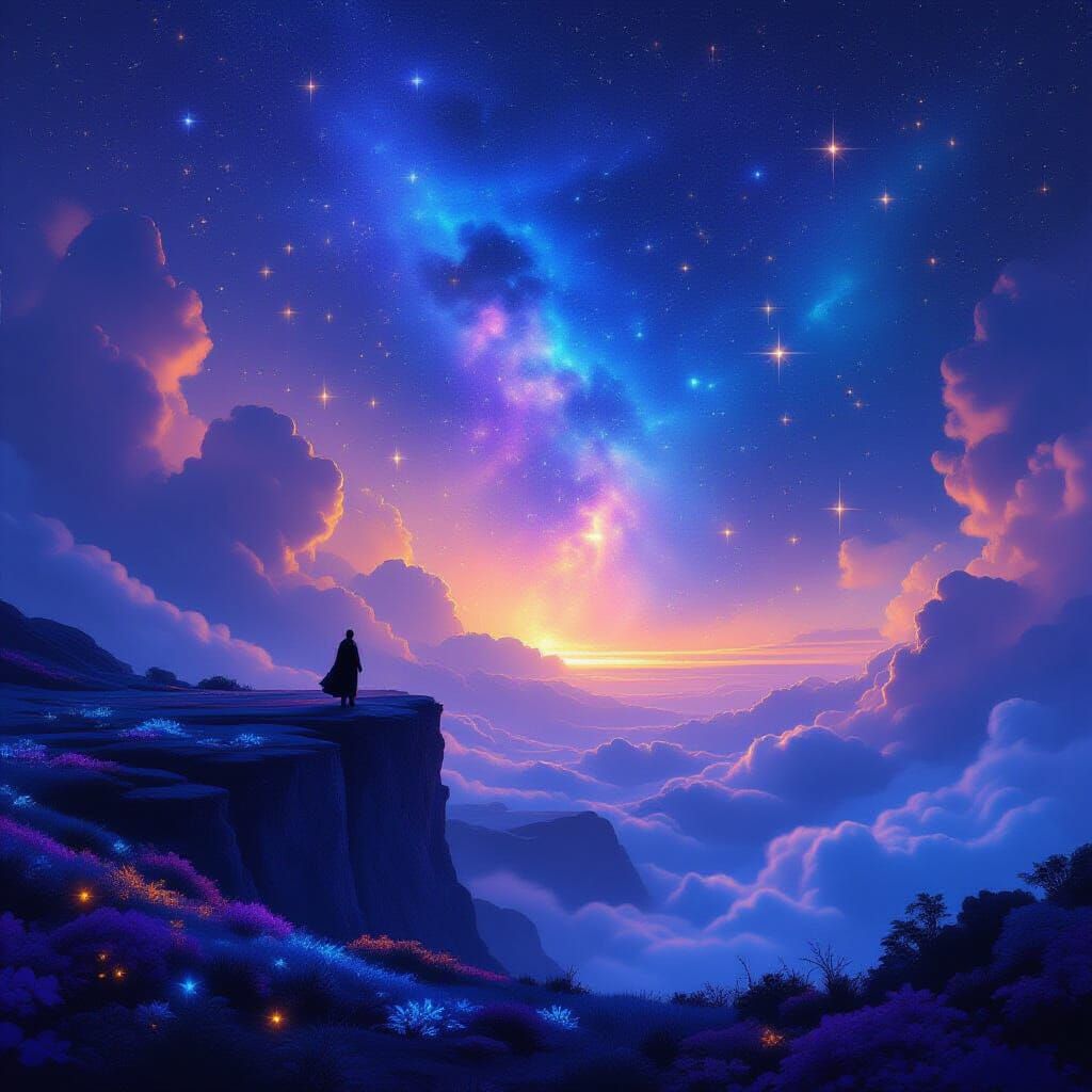 Cosmic Starfall Landscape with Bioluminescent Flora