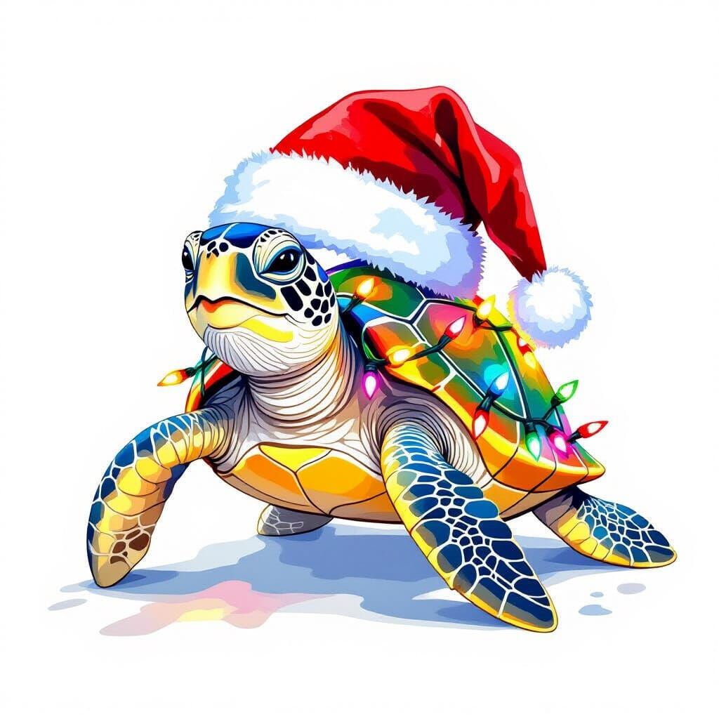 Sea Turtle in Santa Hat with Christmas Lights - Watercolor S...