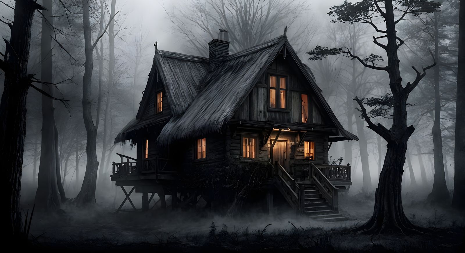 Macabre Cottage in Dark Forest, Expressionistic Style