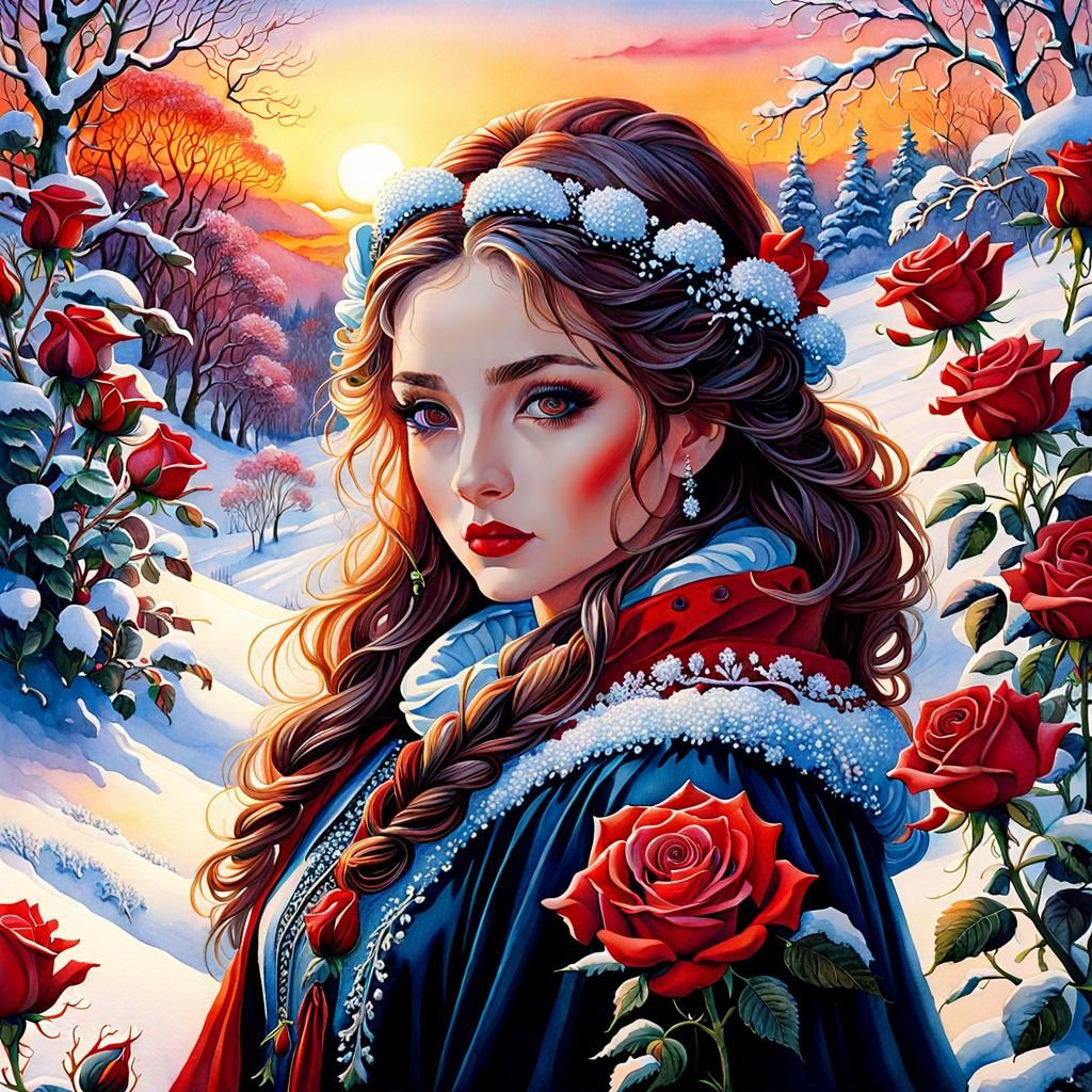 Red Roses in Snow: Watercolor Portrait