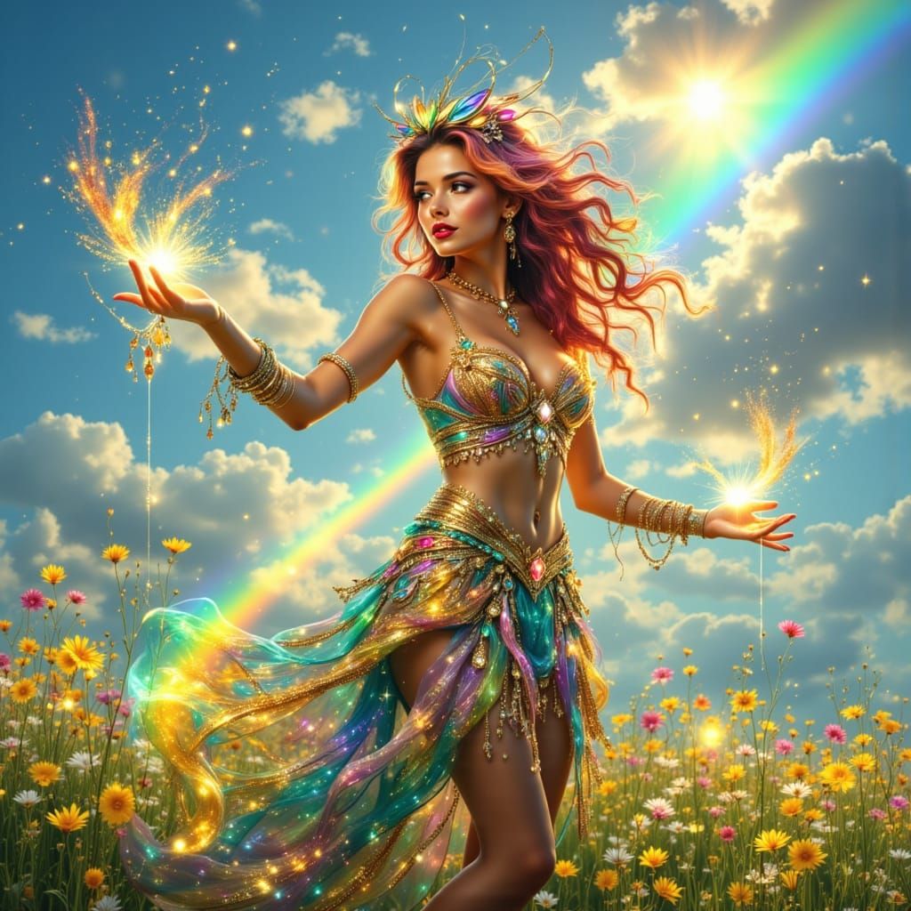 Rainbow Enchantress Casting Spell in Flower Meadow
