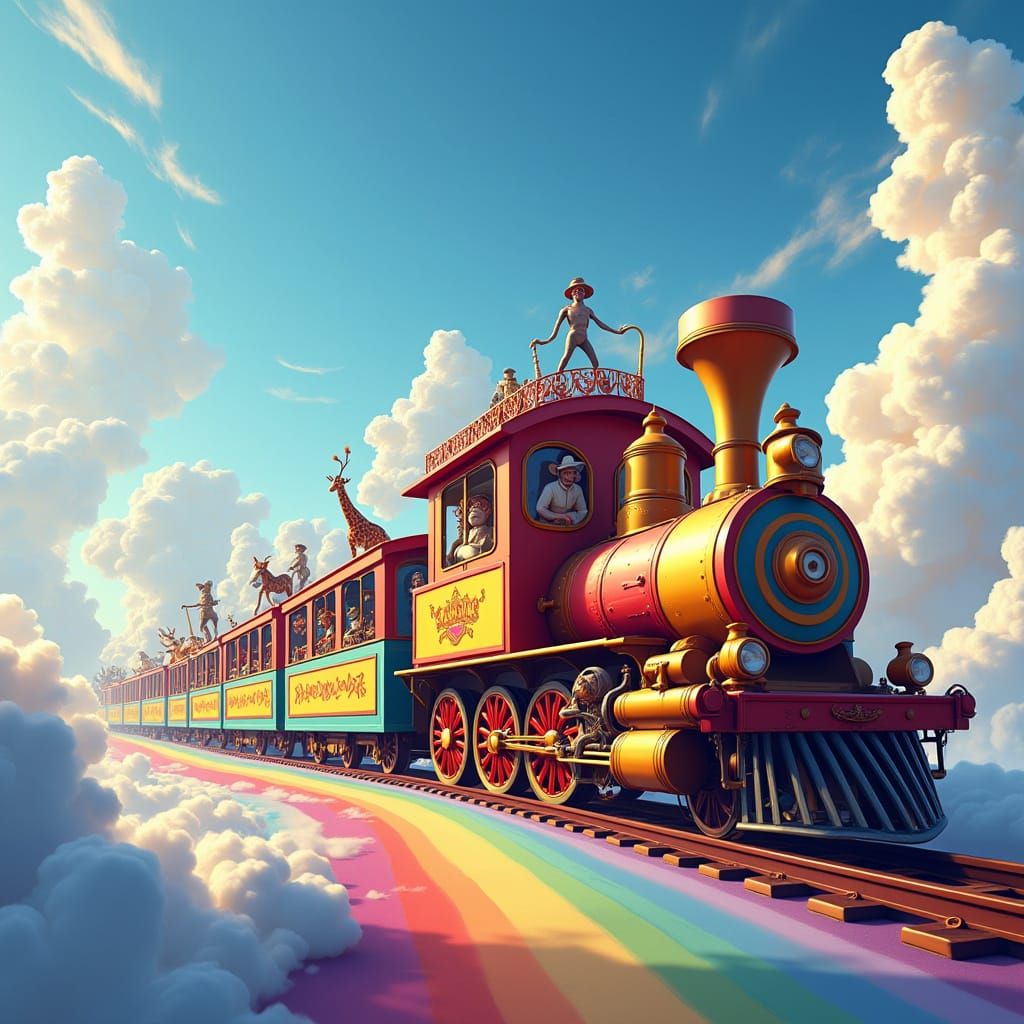 Circus Train Chugs Along Rainbow Tracks in Whimsical Sky
