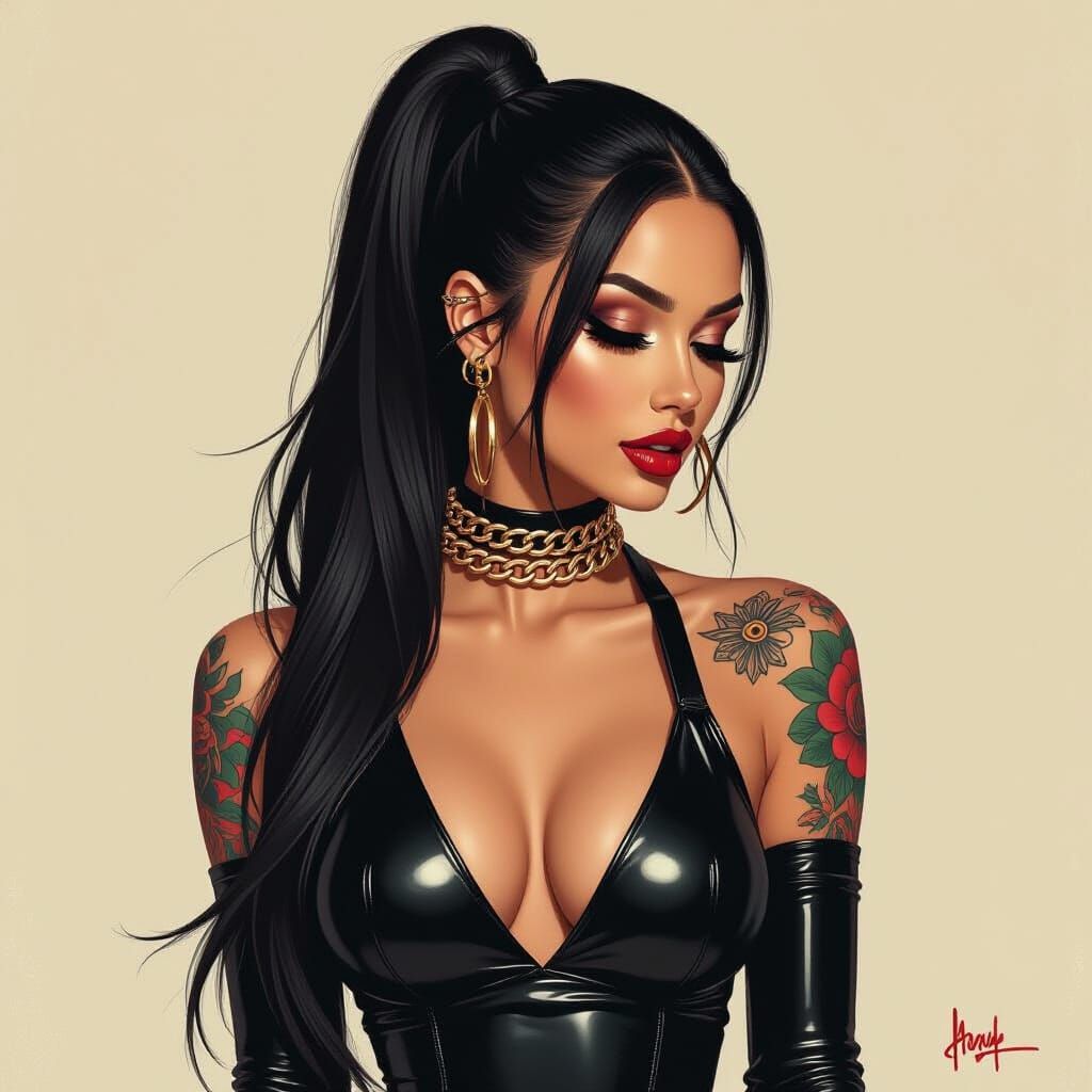 Grungy Pop Art Portrait of Woman in Latex Outfit