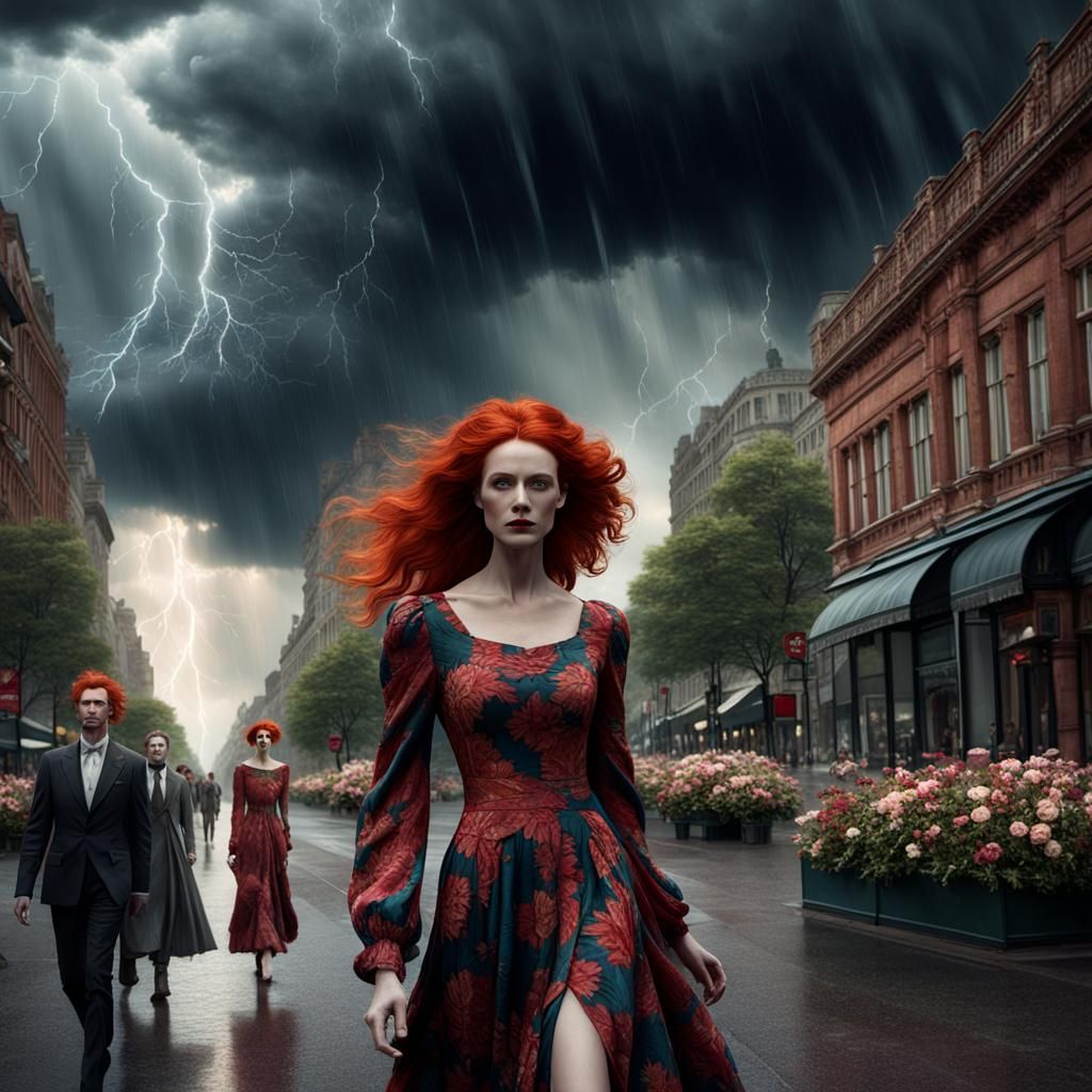 Red-Haired Woman Amidst Mannequins in Approaching Storm