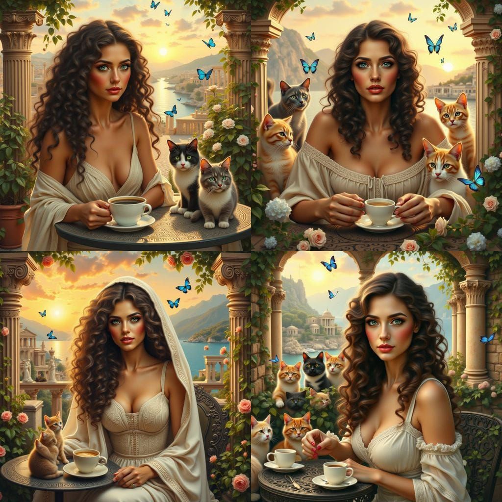 Greek Goddess in a Whimsical Cat Cafe Scene