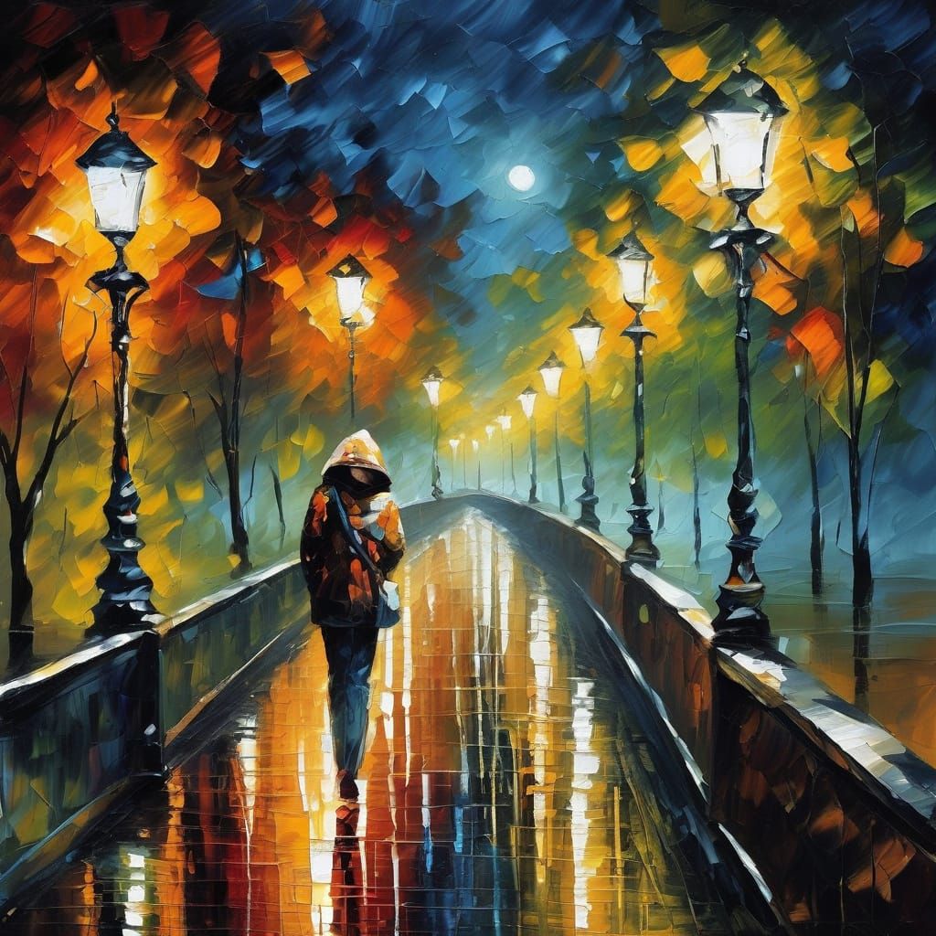 Impasto Oil Painting of a Lone Woman on a Bridge at Night