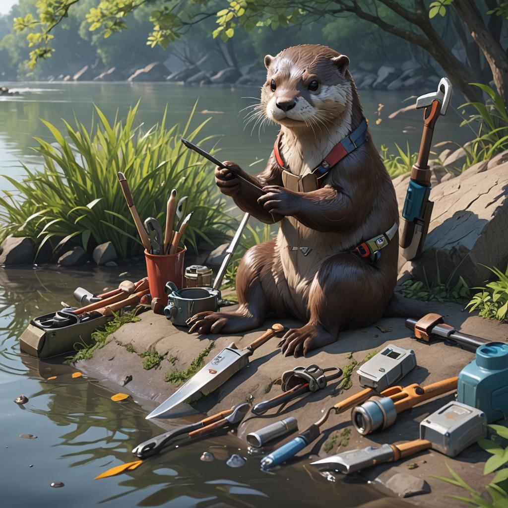 Anime Style Otter with Tools on Riverbank