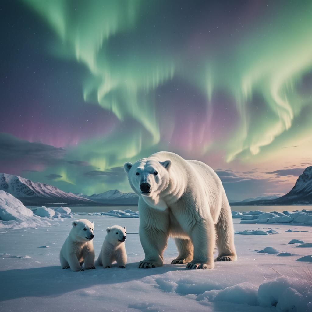 Polar Bear Family Under Northern Lights in Digital Art